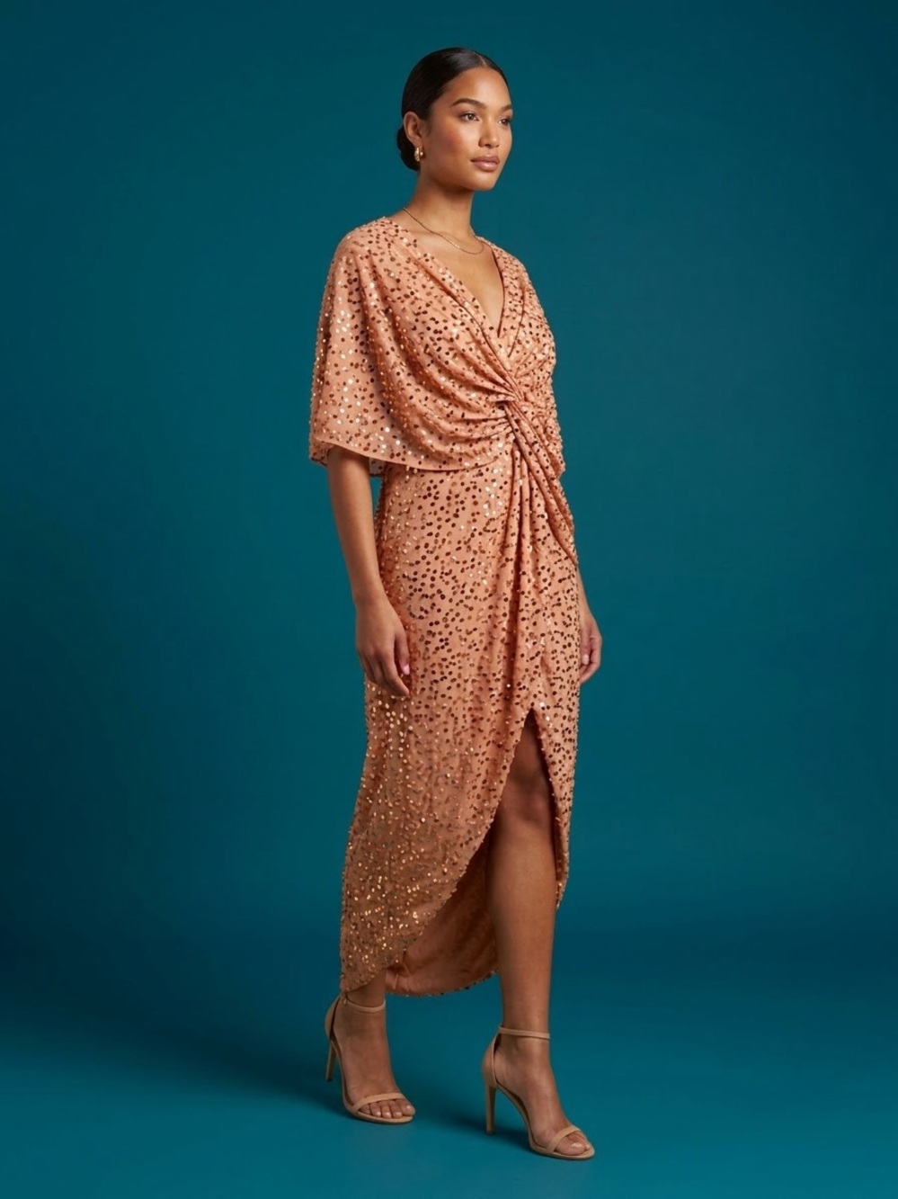 ASOS Rose Gold Sequin Twist-Front Midi Dress